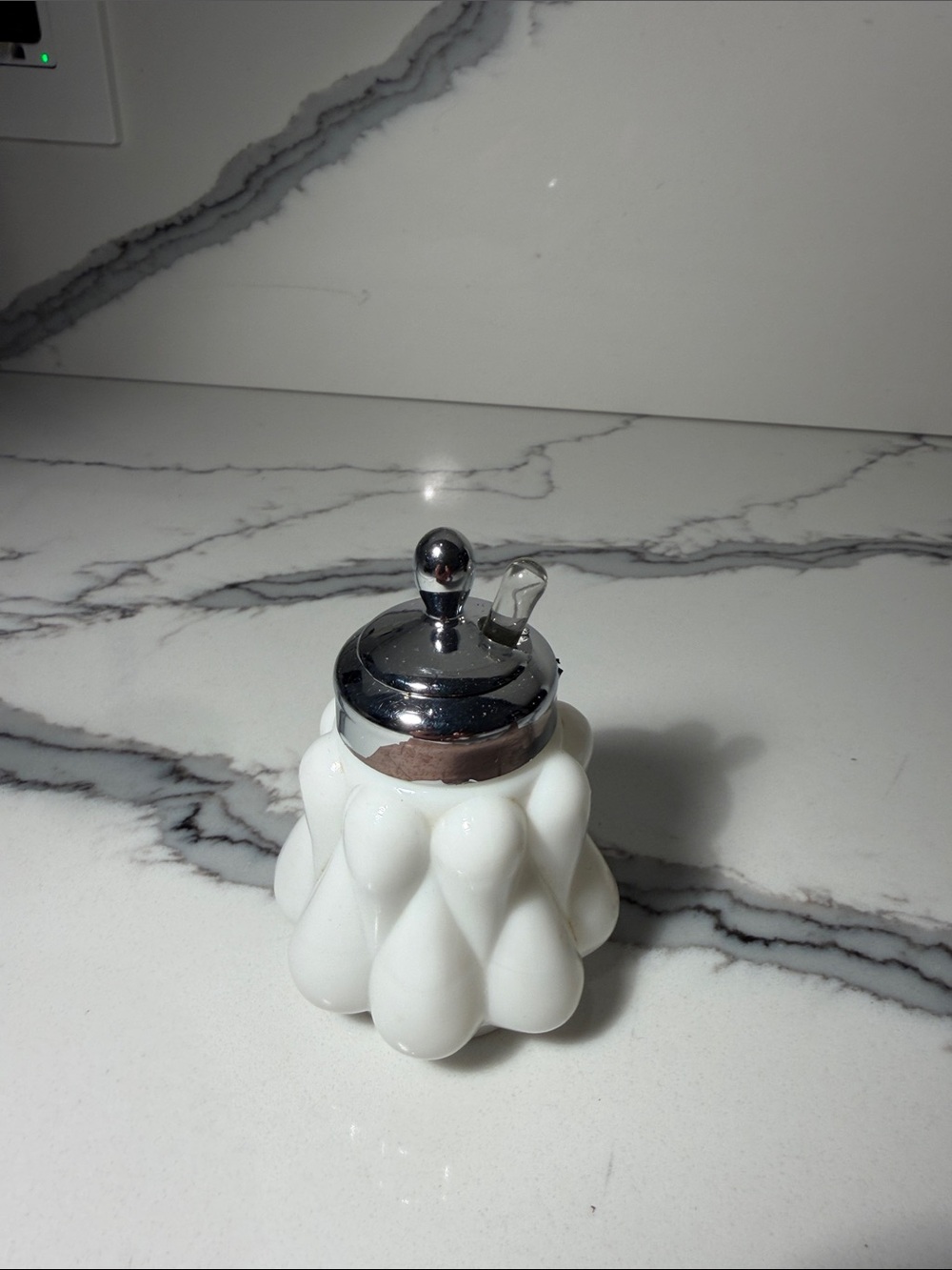 Vintage White Bubble Tear Drop Milk Glass Dispenser with Chrome Lid